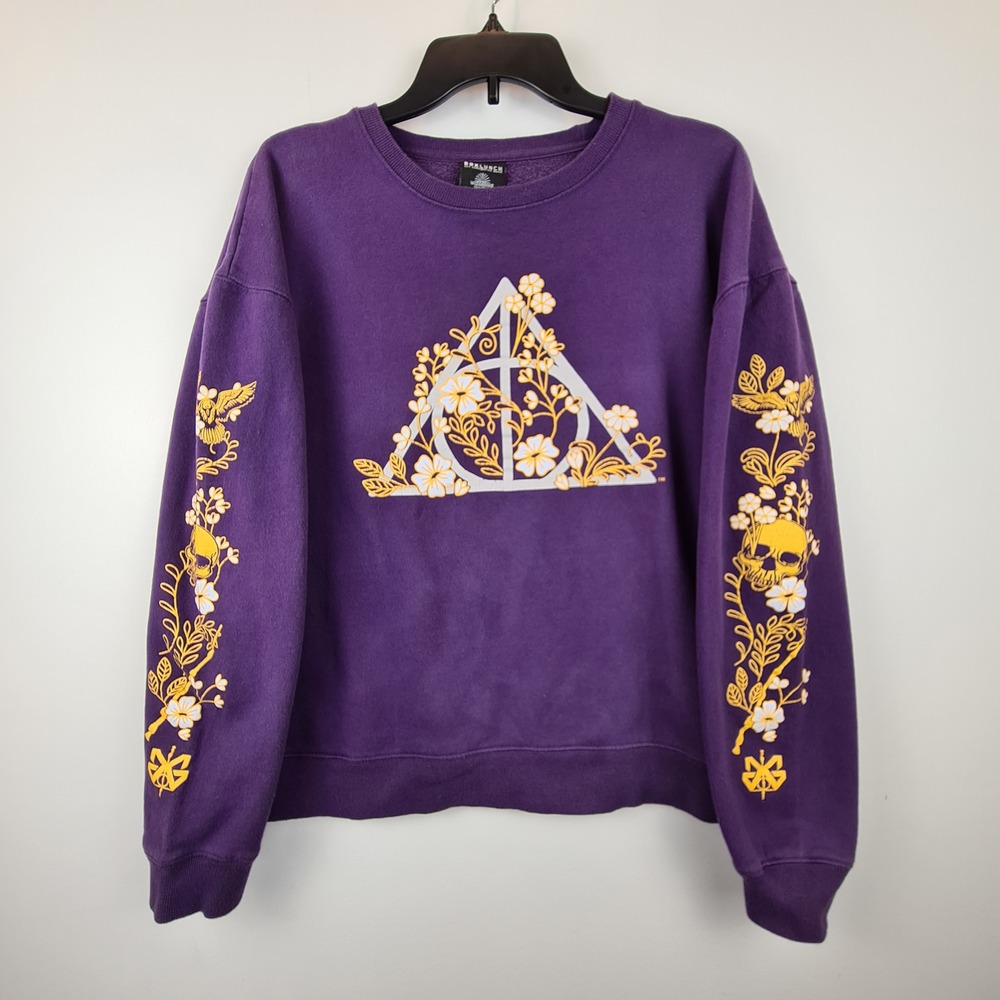 BoxLunch Harry Potter‎ Floral Deathly Hallows Purple Sweatshirt L Skulls Unisex